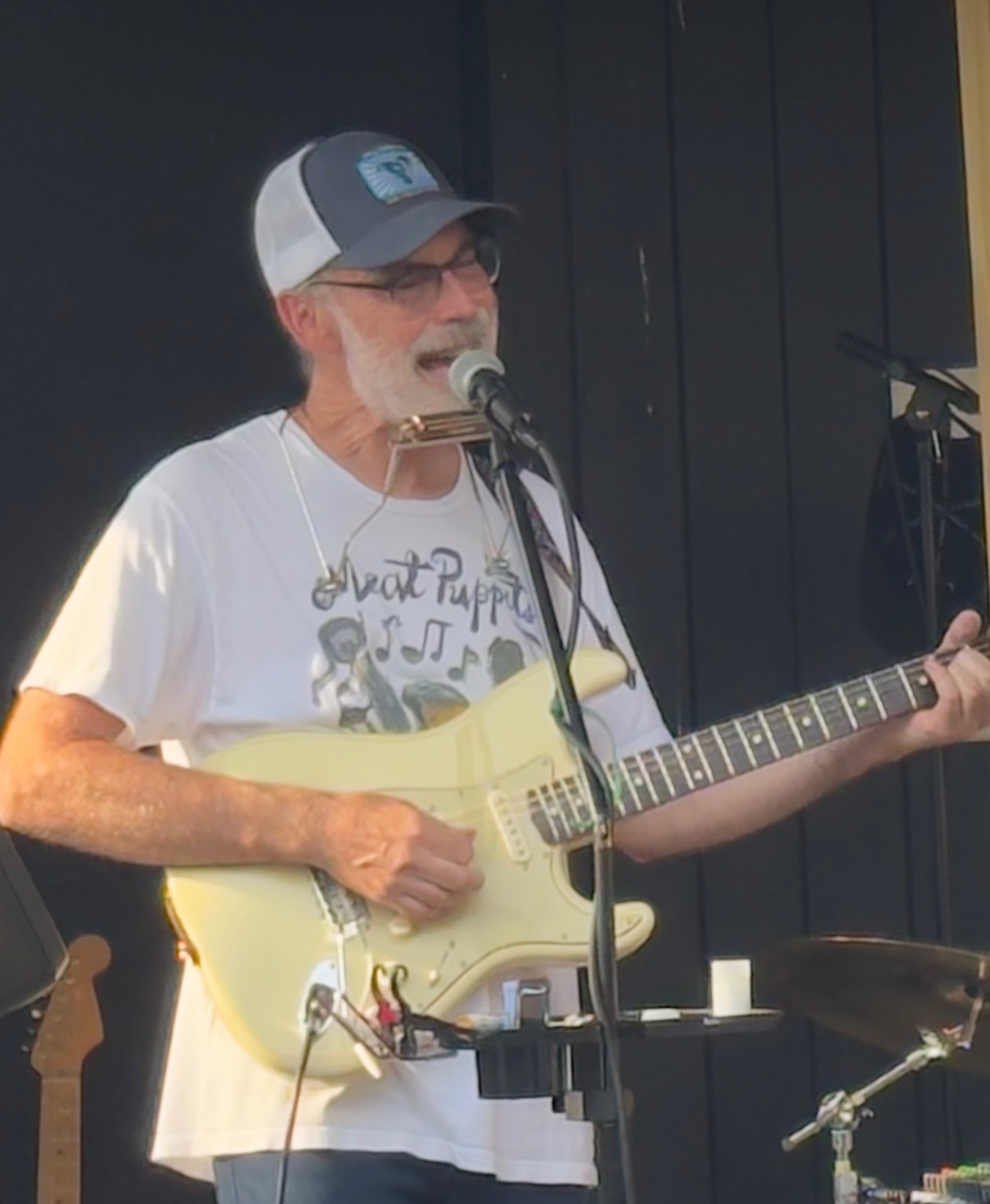 Peter Rogan singing and playing a cream electric guitar with a harmonica
